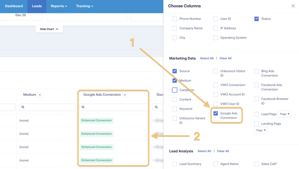 Screenshot showing how to make Google Ads Conversion Statuses visible in WhatConverts.
