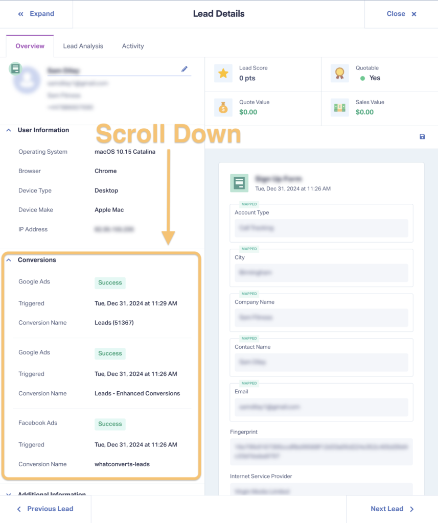 Screenshot showing where to find Google Ads conversion statuses in WhatConverts Lead Details pages.