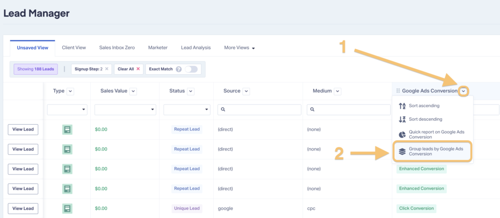 Screenshot showing how to view all Google Ads Conversions of a certain type using Lead Groupings in WhatConverts.