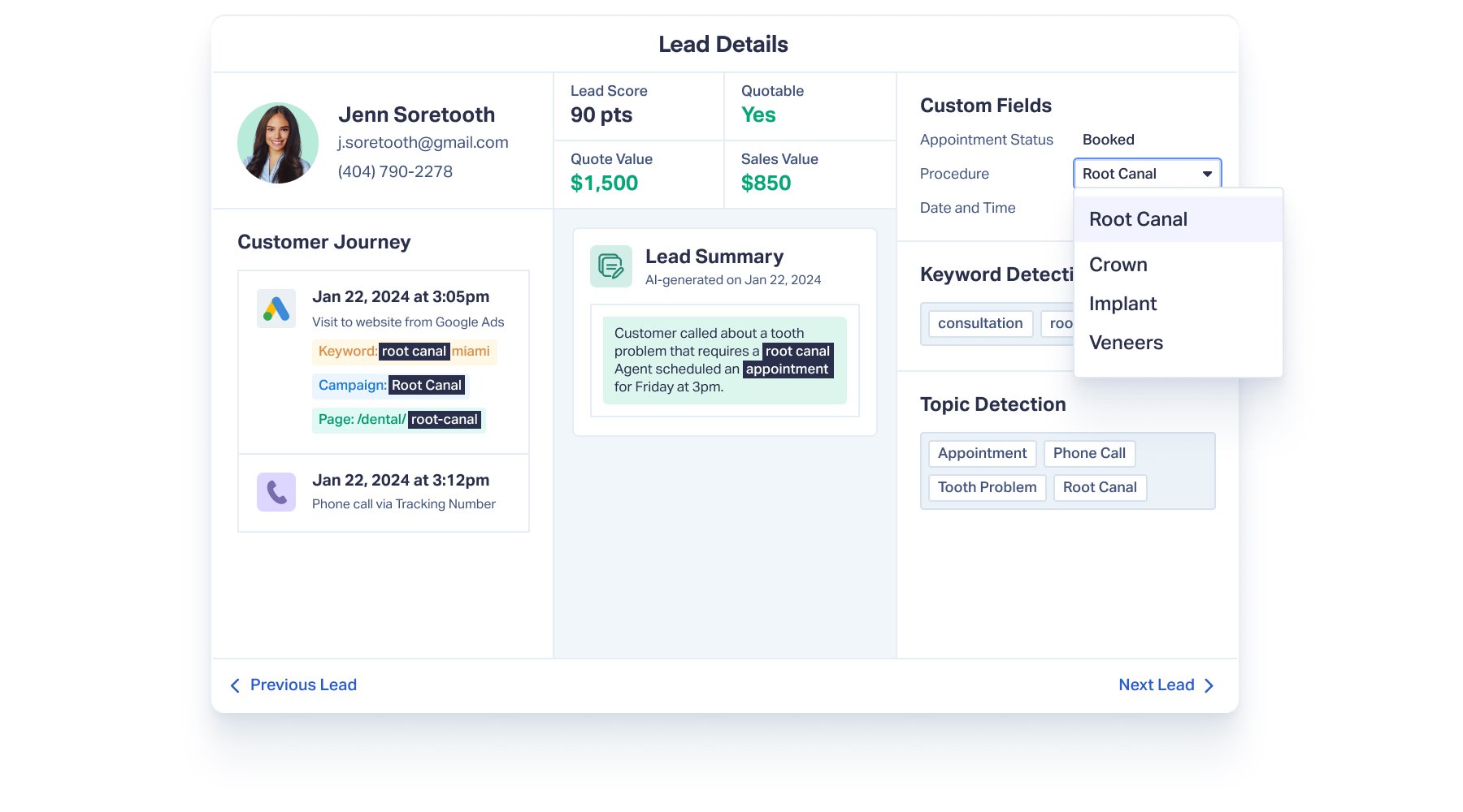 The Lead Details from the WhatConverts application is shown, with a lead summary included