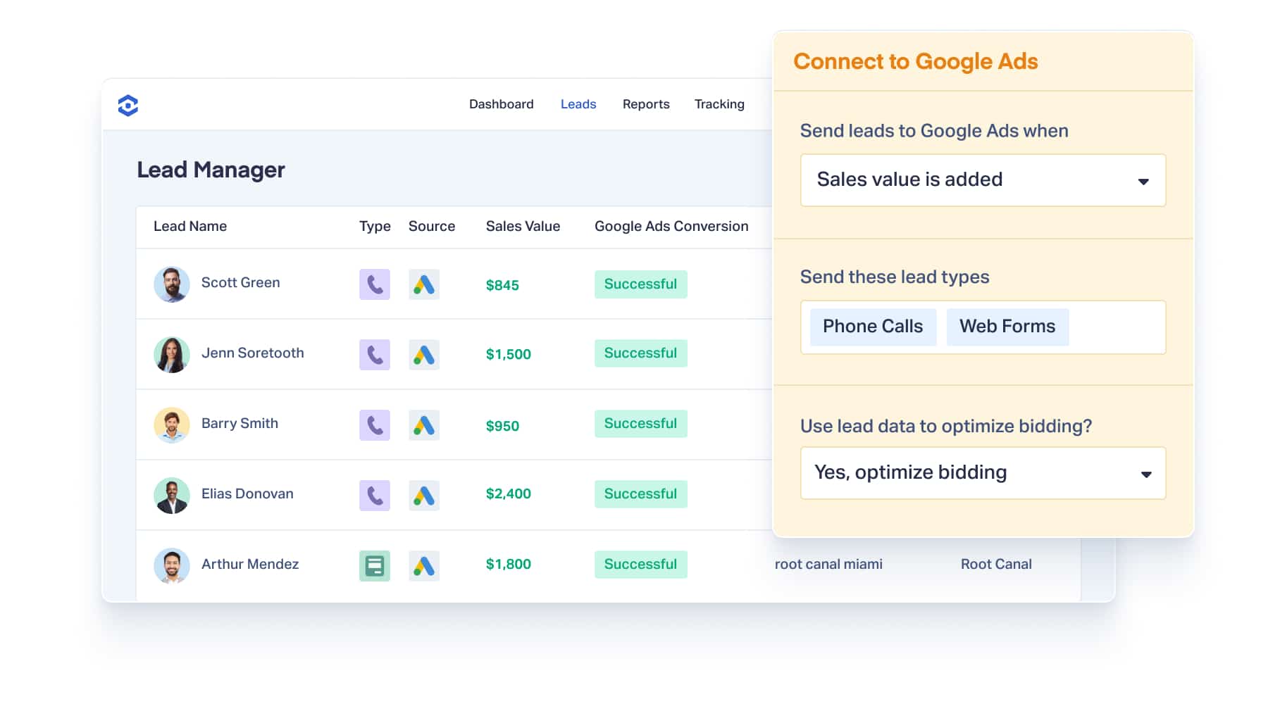 The Lead Manager and Connect to Google Ads sections from the WhatConverts application are shown