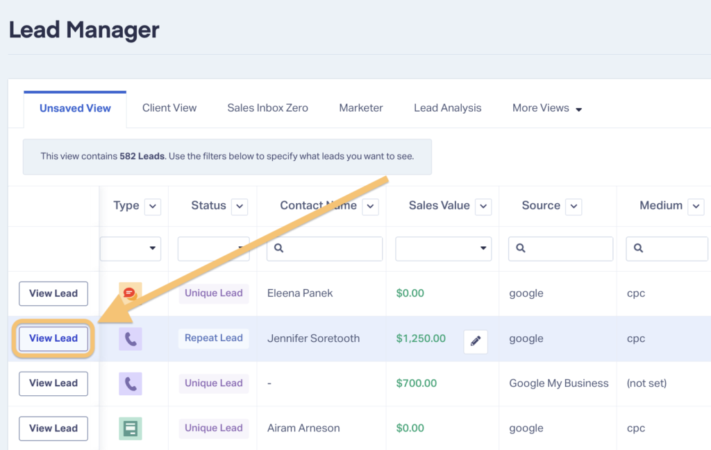 Screenshot showing how to access the Lead Details page inside WhatConverts. This is the best place to find voice of customer data.