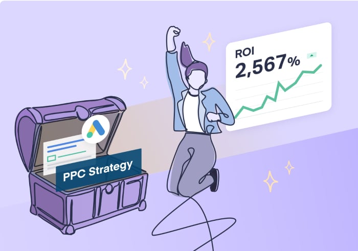 A graphic of a woman celebrating a 2567% increase in ROI