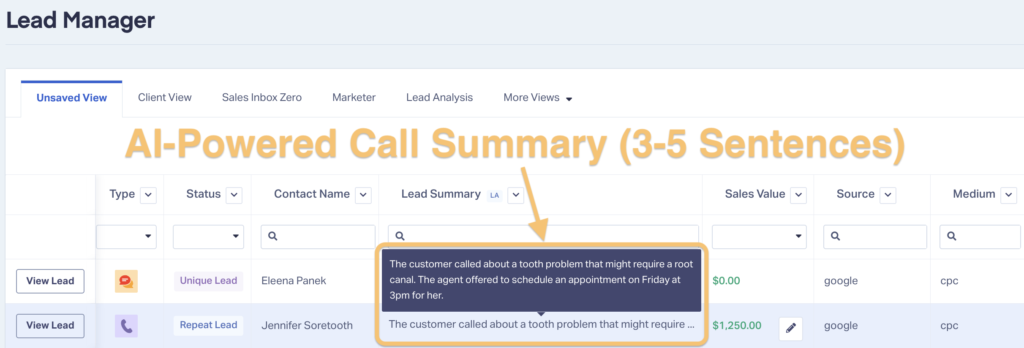 Screenshot showing the call summary feature of Lead Analysis in WhatConverts. This feature is one of many that makes it the best call tracking software for marketers and agencies.