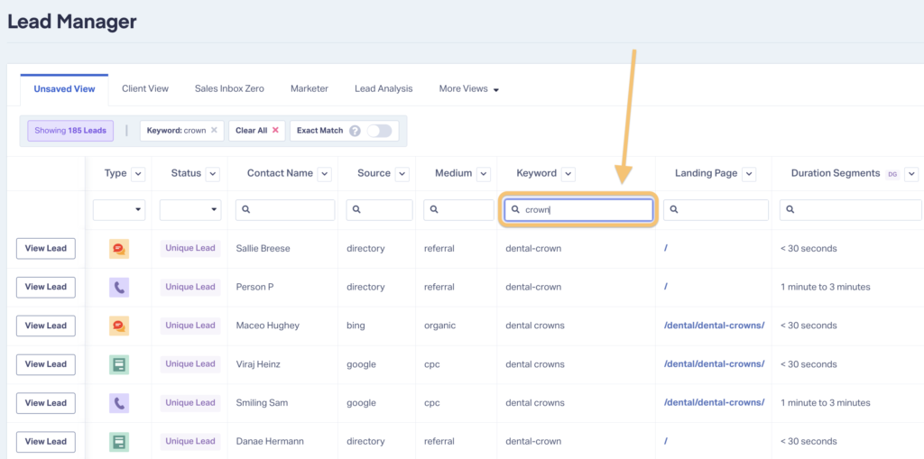 Screenshot of Lead Manager in WhatConverts showing how filtering leads is as easy as typing a word into the search field.