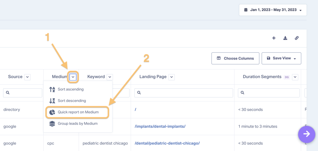 Showing how a user can easily create a Quick Report by clicking the dropdown next to a dimension and selecting "Quick Report on...".