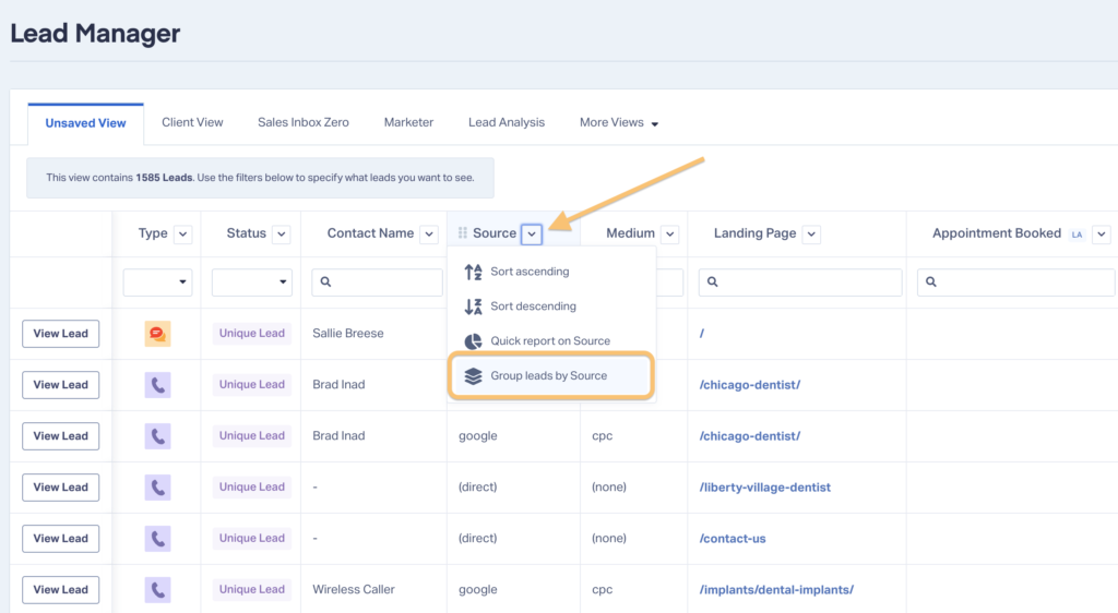 Image showing how to access Lead Grouping in WhatConverts to qualify leads faster.