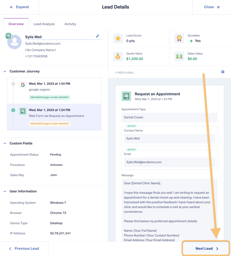 Image showing the Lead Details page inside WhatConverts and how to move to the next lead quickly. This helps marketers qualify leads faster, especially when combined with Lead Grouping. 
