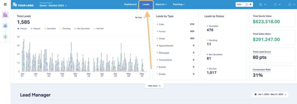 Screenshot of WhatConverts showing how to get to the Lead Manager. 