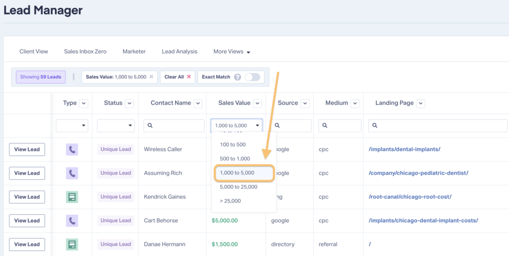 Screenshot of the WhatConverts Lead Manager showing how to filter leads by a specific value, e.g., by Sales Value of $1,000 to $5,000 only. 