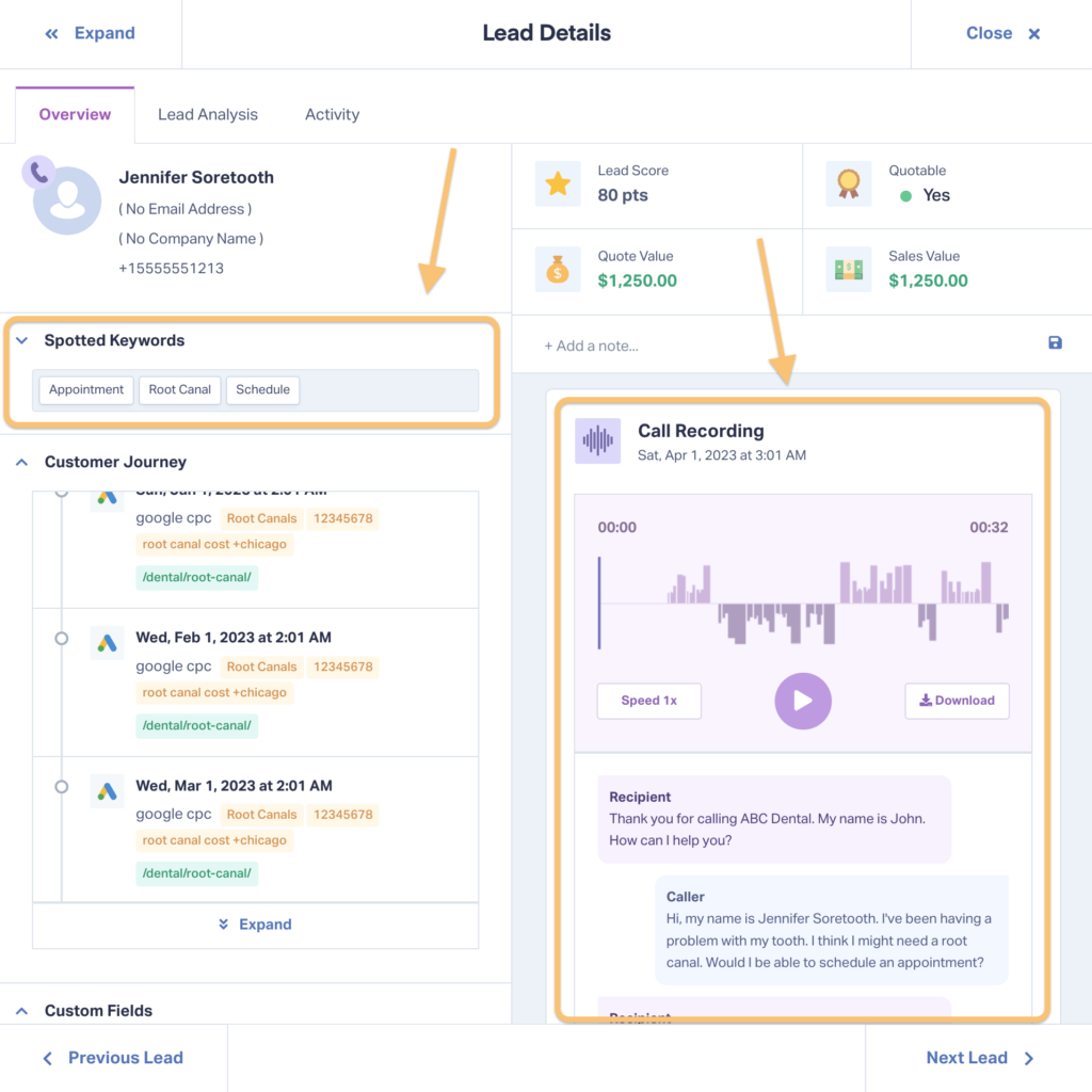 Screenshot of the WhatConverts Lead Details page showing Spotted Keywords and Call Recordings, making it easy to mine high-intent keywords from voice of customer data. 