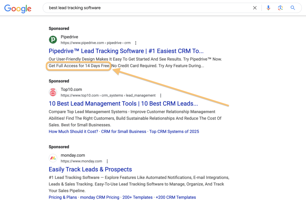 Screenshot of Google Search with Sponsored results. To find high-intent keywords, look for ads with Transactional search intent. 