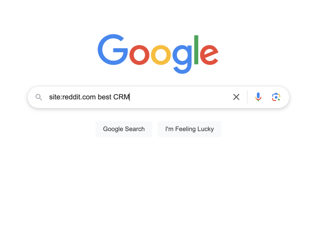 Screenshot of Google Search with a search query looking for "best CRM" and filtering by only results from reddit.com. 