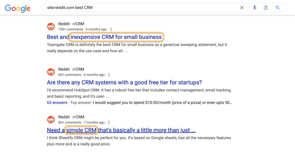 Screenshot of Google Search results showing possible high-intent keywords from common Reddit questions regarding the searched topic. This is a great way to find high-intent keywords. 
