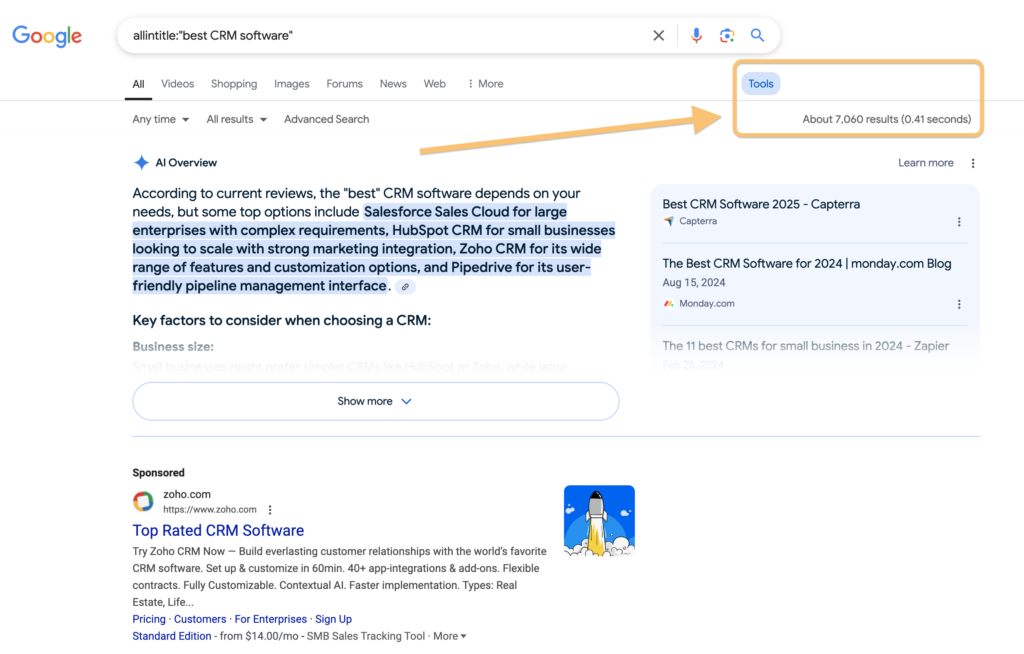Screenshot of Google Search results showing a lot of search results for a specific term. When looking for high-intent keywords, look for search terms with fewer search results and thus less competition. 