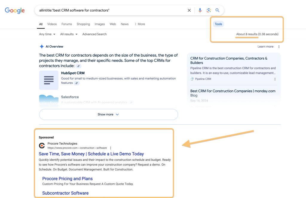 Screenshot of Google Search results showing a few search results and some Sponsored results. When looking for high-intent keywords, look for search terms with fewer search results. 