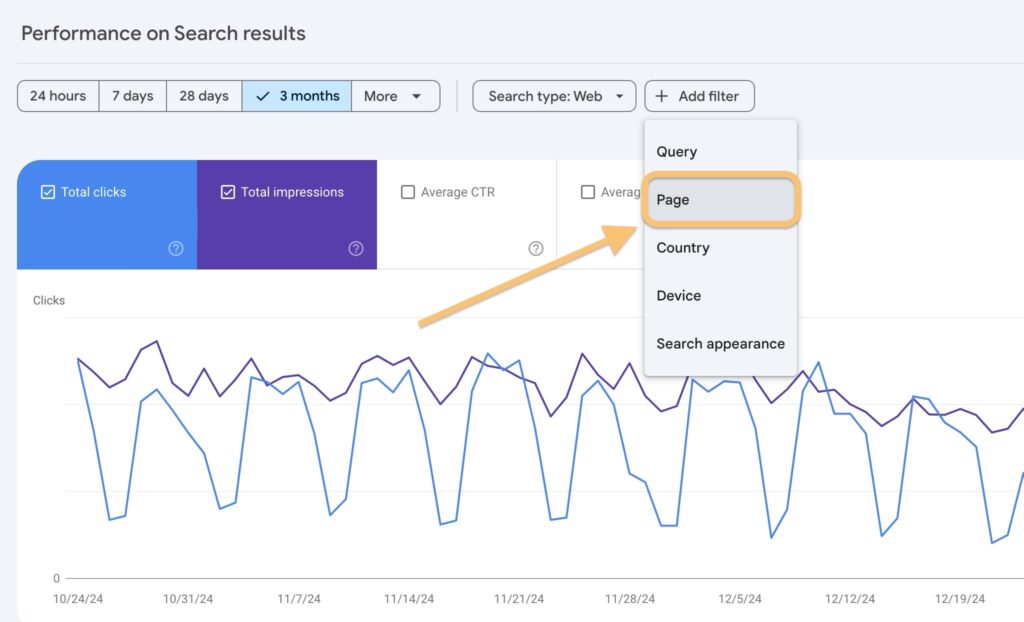 Screenshot of Search Console interface showing how to filter results by a particular page. 