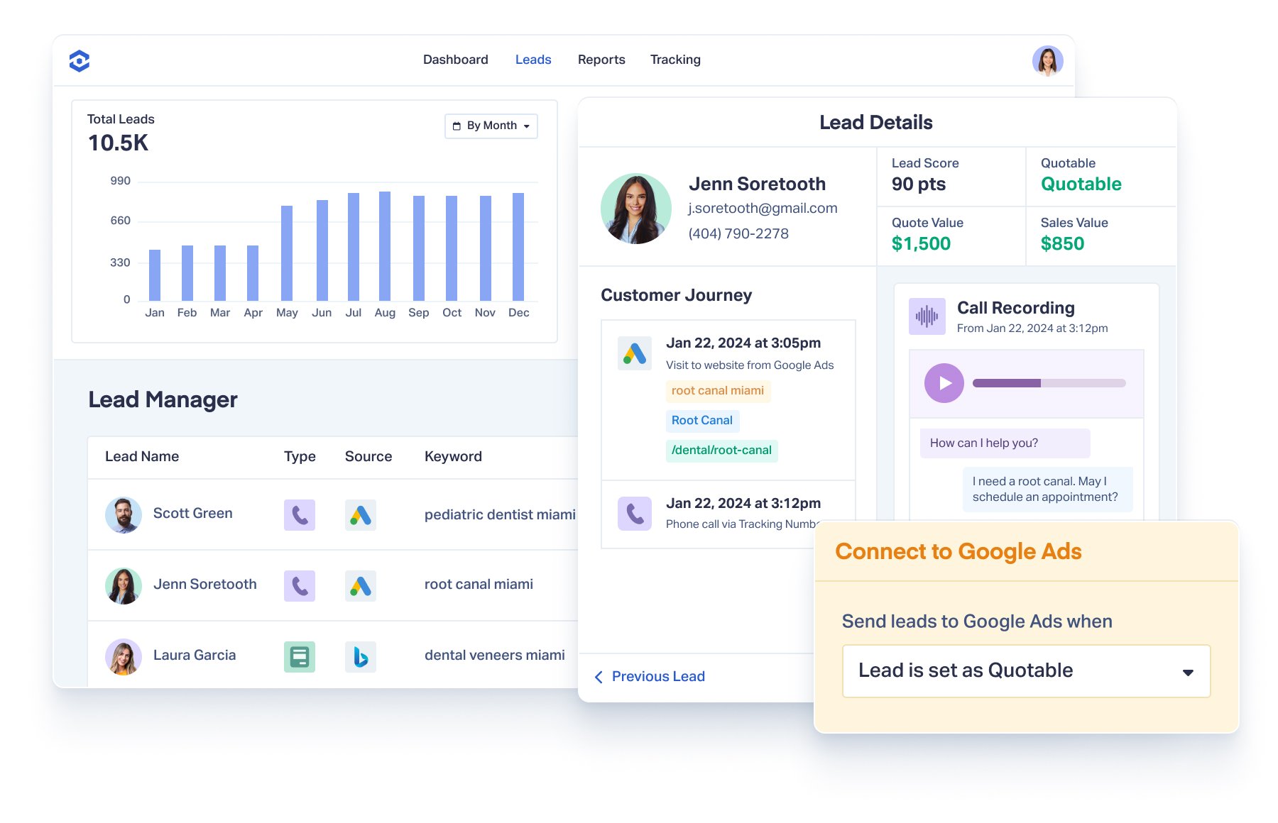 WhatConverts application is shown, specifically the Lead Manager, Lead Details, and a section for connecting to Google Ads