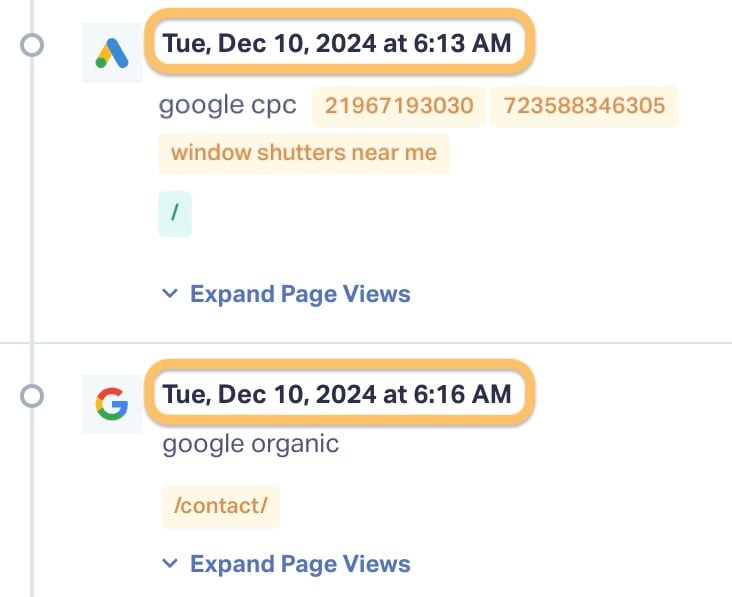 This image shows a zoomed in version of the Customer Journey for the lead in the example. Here you can see the lead interacted with the remarketing ad and then searched for the company organically just seconds later, further emphasizing that the remarketing ad deserves the credit.
