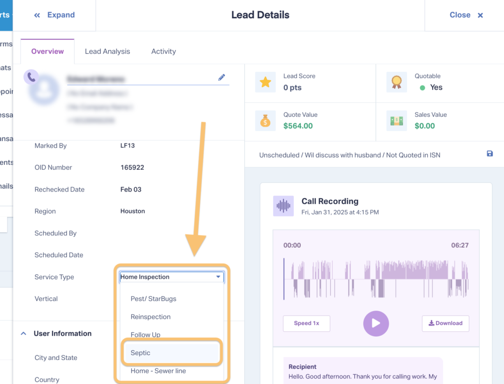This screenshot shows how to categorize a lead as being interested in a specific service type using Custom Fields inside the Lead Details page.