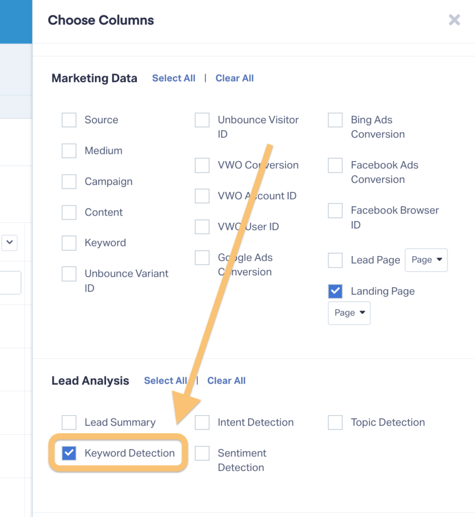 This screenshot shows how to show Keyword Detection in the WhatConverts Lead Manager—just turn on the column from the choose columns button.
