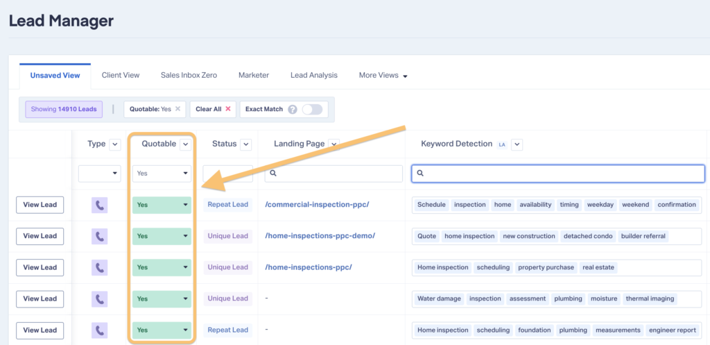 This screenshot shows how to filter the WhatConverts Lead Manager to show only quotable leads.