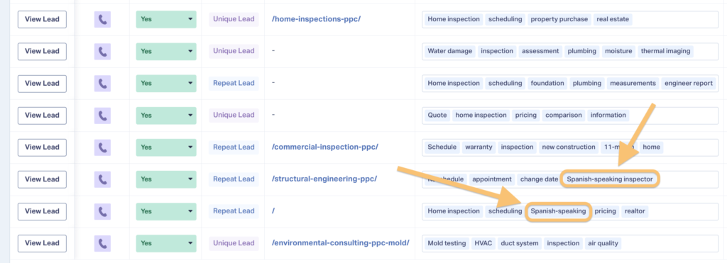 This screenshot shows how to use the Keyword Detector to spot valuable keyword opportunities. Here we see several leads mentioned Spanish-speaking on the phone, meaning it may be wise to target similar keywords in your marketing.