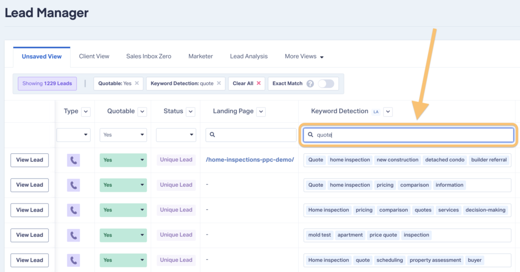 This screenshot shows how to filter leads by entering a value ("quote") in the Keyword Detection search field. Doing so lets you see only leads that used that keyword on their calls. 