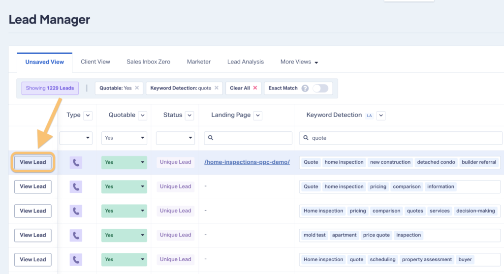 This screenshot shows how to view the Lead Details page by clicking the "View Lead" button in the Lead Manager. 