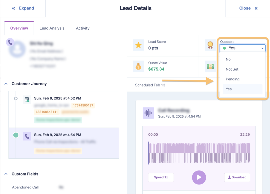 This screenshot shows how to qualify a lead in the Lead Details page.