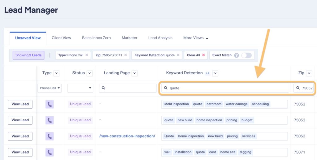 This screenshot shows how to view leads using multiple filtering criteria. For example, entering "quote" in the Keyword Detection search field and a specific zip code in the Zip search field will filter leads by both values.