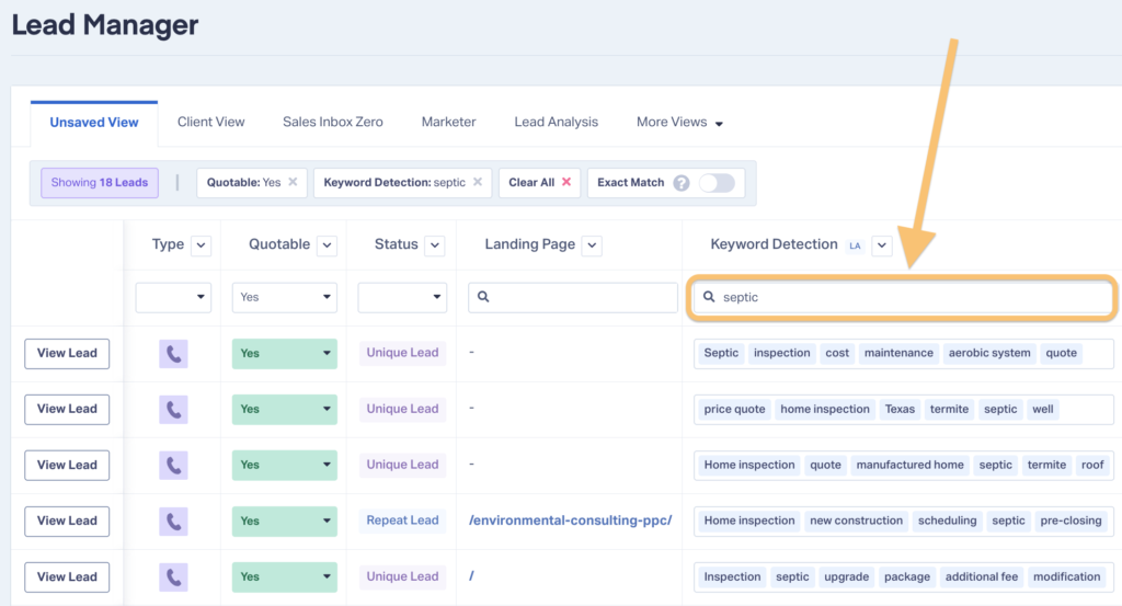 This screenshot shows searching for a specific service ("septic" in this example) inside the Keyword Detection search field. That way, you can see only leads who have a septic problem and are interested in septic services.