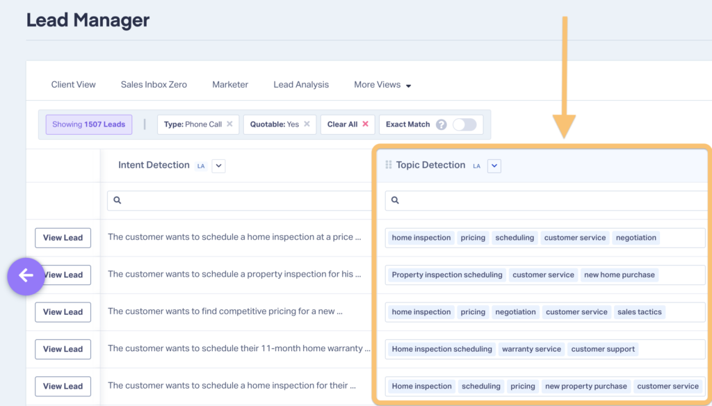 Screenshot of WhatConverts showing the Topic Detection column in the Lead Manager.