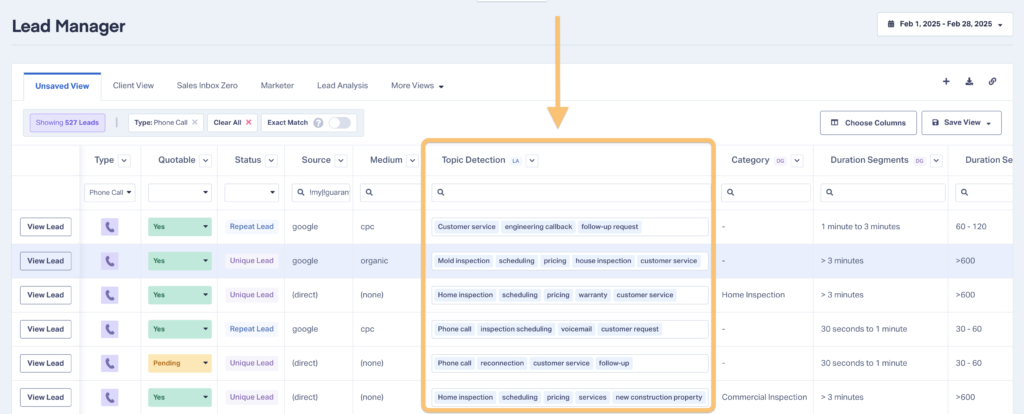 Screenshot of the Lead Manager showing where to find the Topic Detection column.