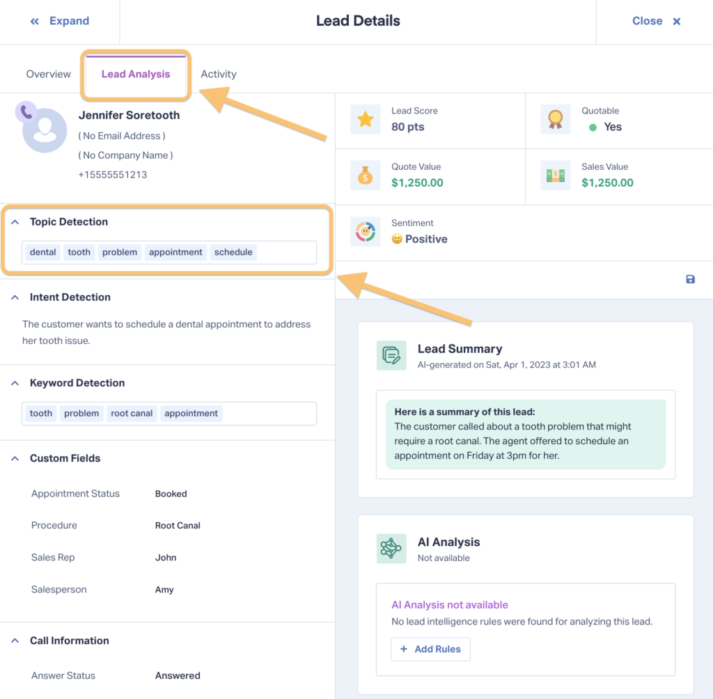 Screenshot of the Lead Details page showing where to find the Topic Detection information.