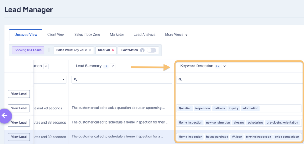 Screenshot of the Lead Analysis column Keyword Detection which uses AI to pick out critical keywords from phone calls.