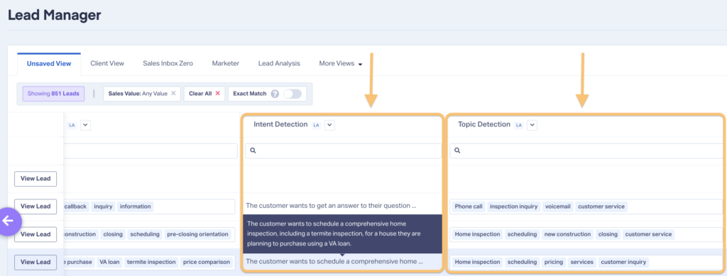 Screenshot of Lead Analysis columns showing Intent Detection and Topic Detection, both of which can make automated lead qualification easier. 