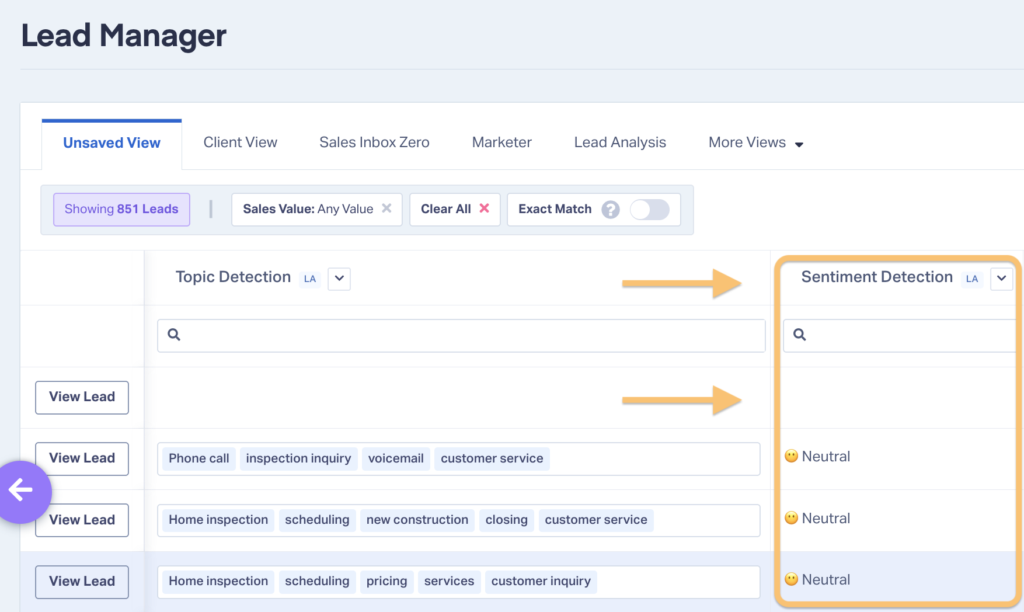 Screenshot of Lead Analysis in WhatConverts showing Sentiment Detection, which gives a rating of the caller's feelings (positive, neutral, or negative).
