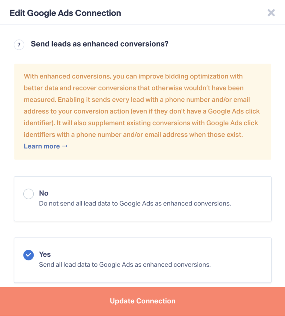 Screenshot of the interface for turning on enhanced conversions inside WhatConverts.