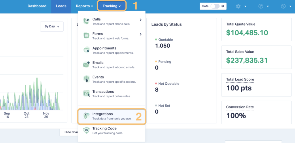 Screenshot of how to access the Google Ads integration from inside WhatConverts.