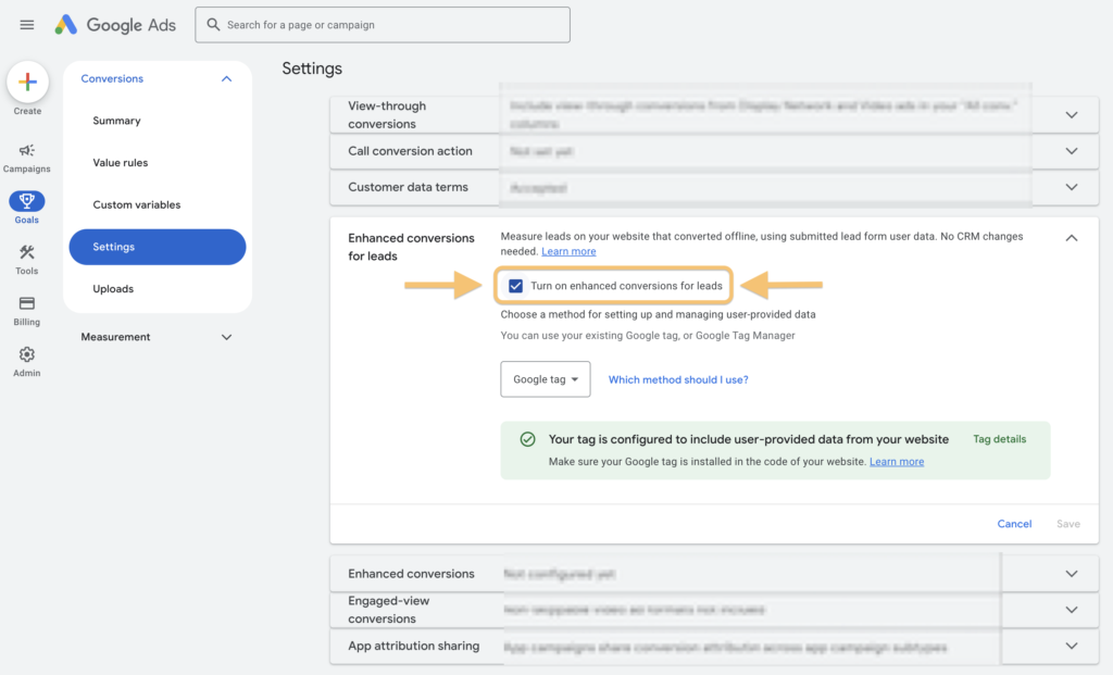 Screenshot of where to turn on Enhanced Conversions in your Google Ads settings.