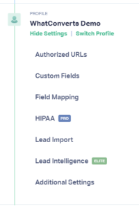 Screenshot of profile settings in WhatConverts.