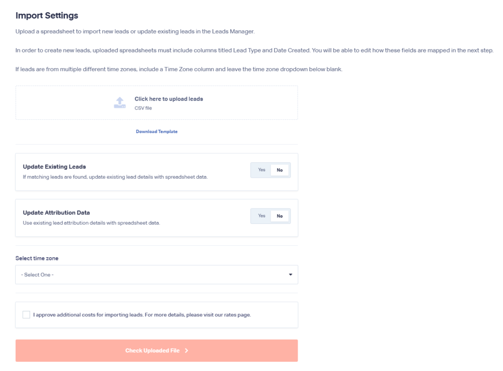 Screenshot of the import settings screen in WhatConverts