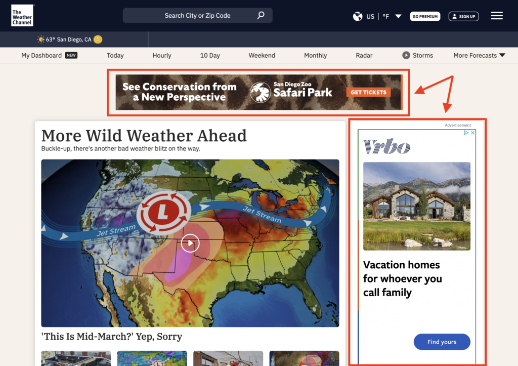 A screenshot of The Weather Channel's website, with Google Display Network ads for VRBO and the San Diego Zoo.