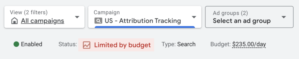 Screenshot of the budget and active status of a Google Ads campaign.