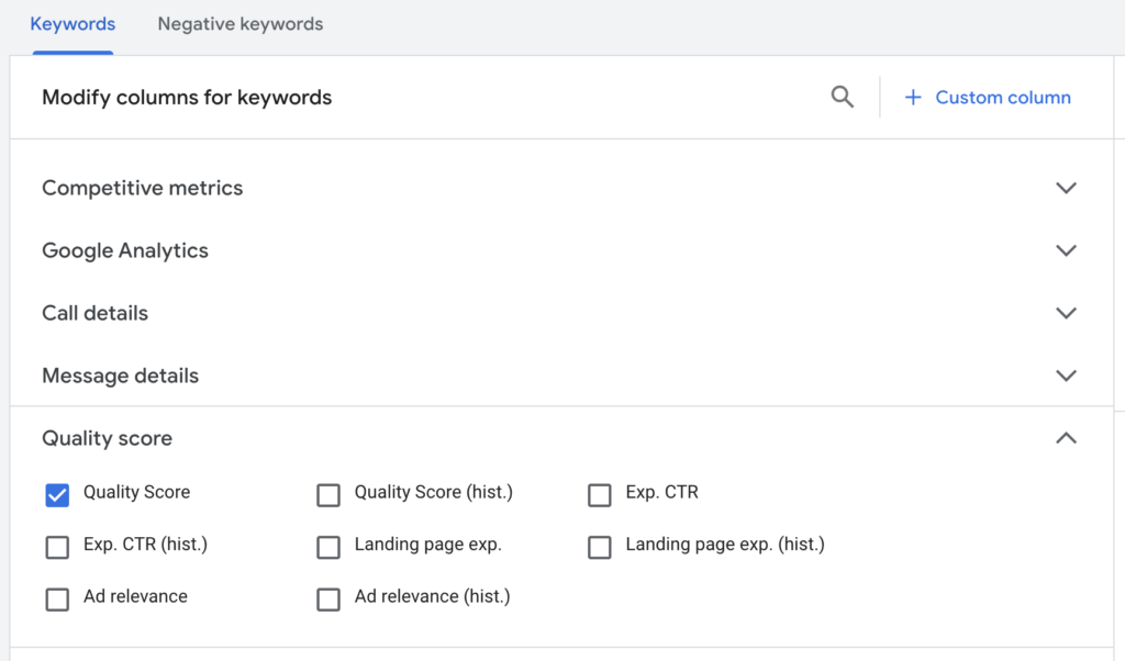 Screenshot of the Quality Score section of the Keyword column settings within Google Ads.