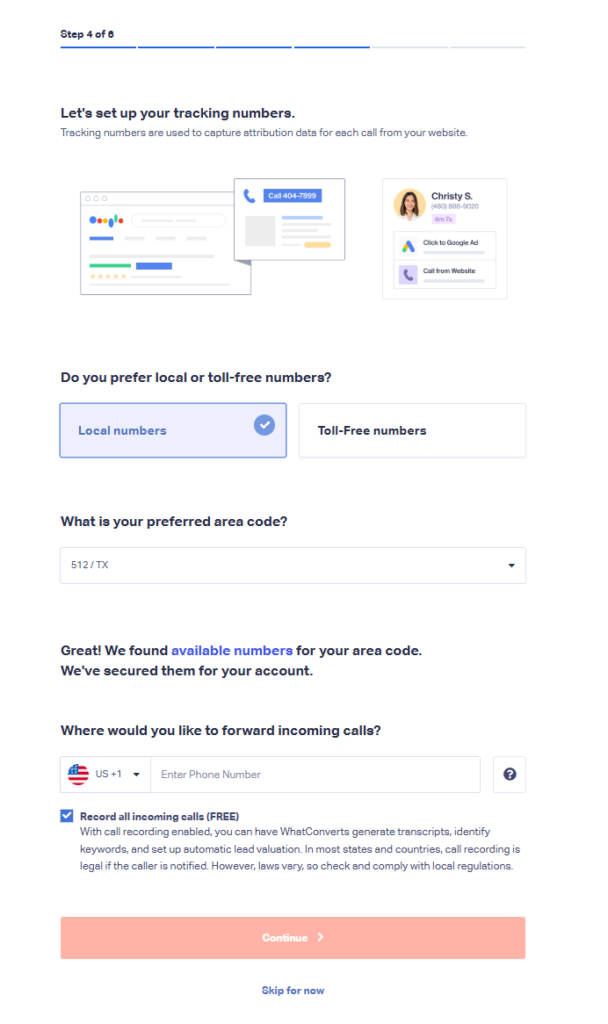 Screenshot of the tracking number setup screen