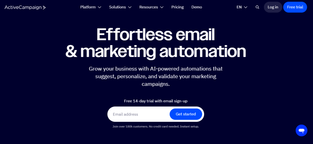 ActiveCampaign's homepage has a slogan: "Effortless email & marketing automation."