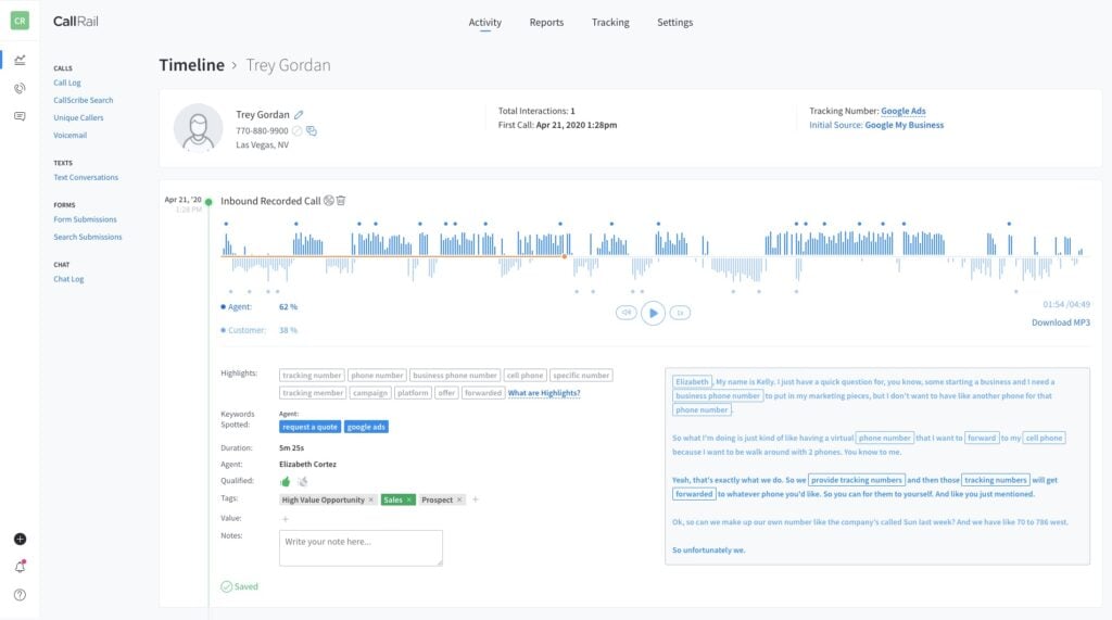 Screenshot of the CallRail product platform.