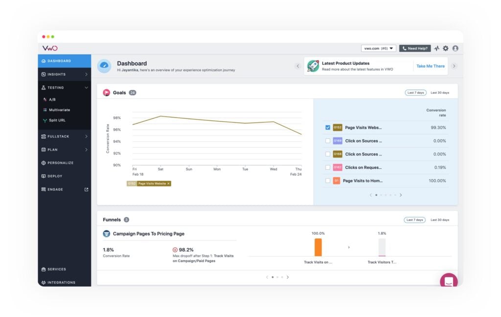 Screenshot of the VWO product platform.